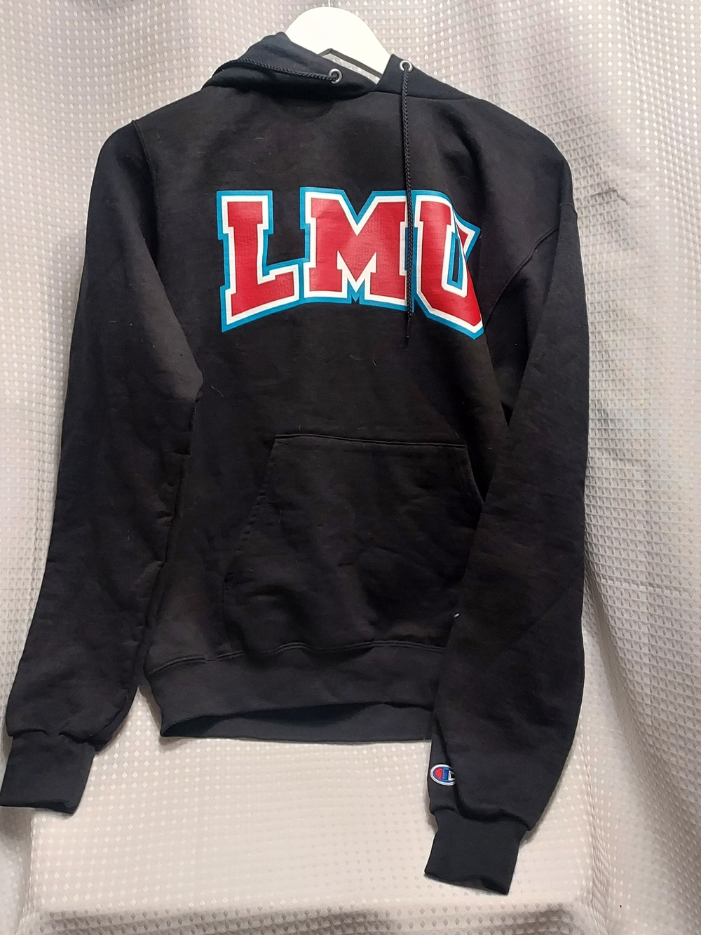 LMU Black Pullover Hoodie with Red & Teal Lettering - Champion
